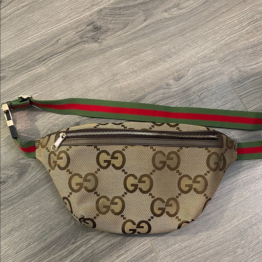 Brown with green and red strap bum bag